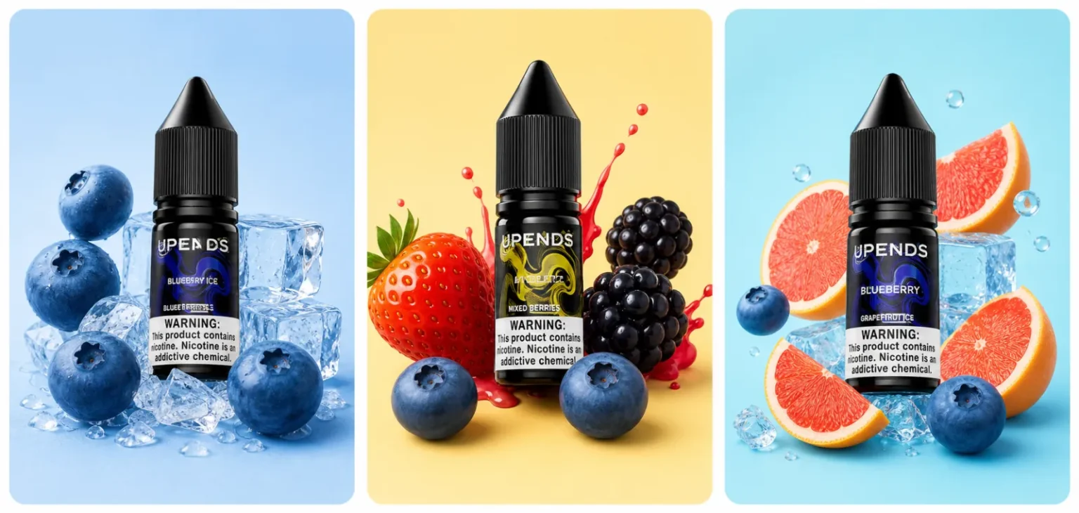 UPENDS Blueberry Ice, Mixed Berries und Blueberry Grapefruit Ice in drei farbigen Produktwelten