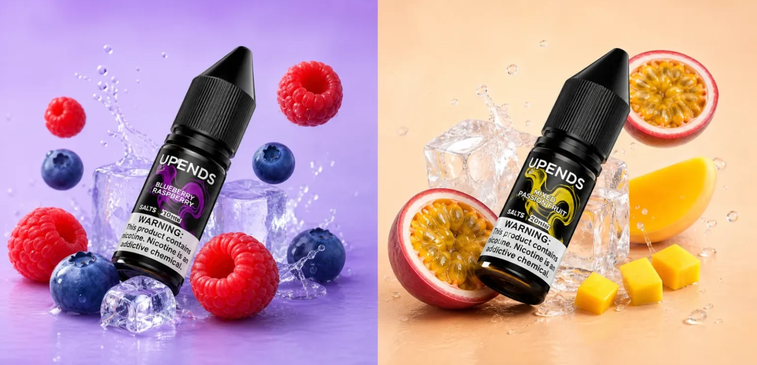 UPENDS Blueberry Raspberry und Mixed Passion Fruit Nic Salts mit passenden Früchten