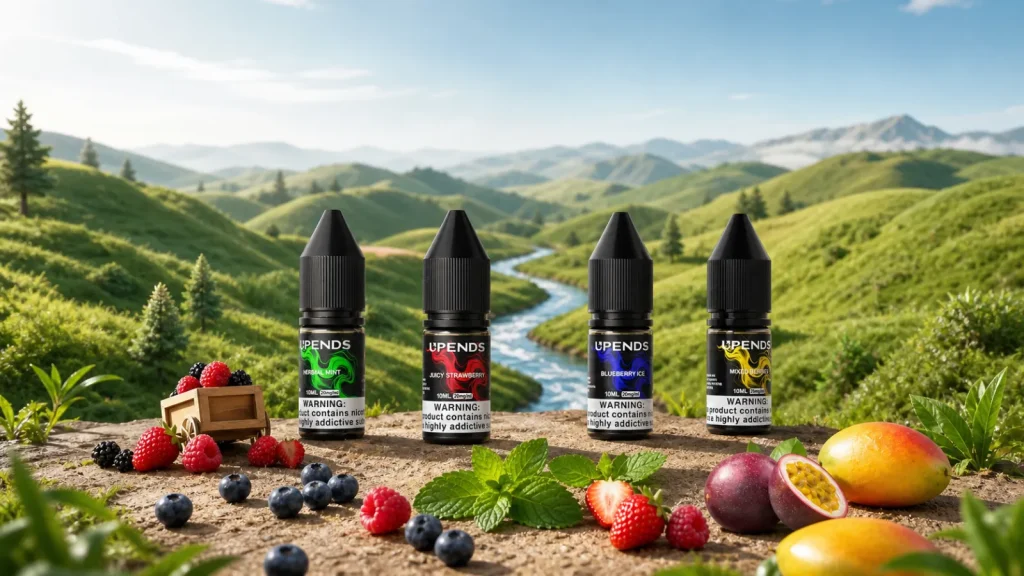 Vier UPENDS Nic-Salts-Flaschen mit Beeren, Minze und Passionsfrucht in einer grünen Tallandschaft