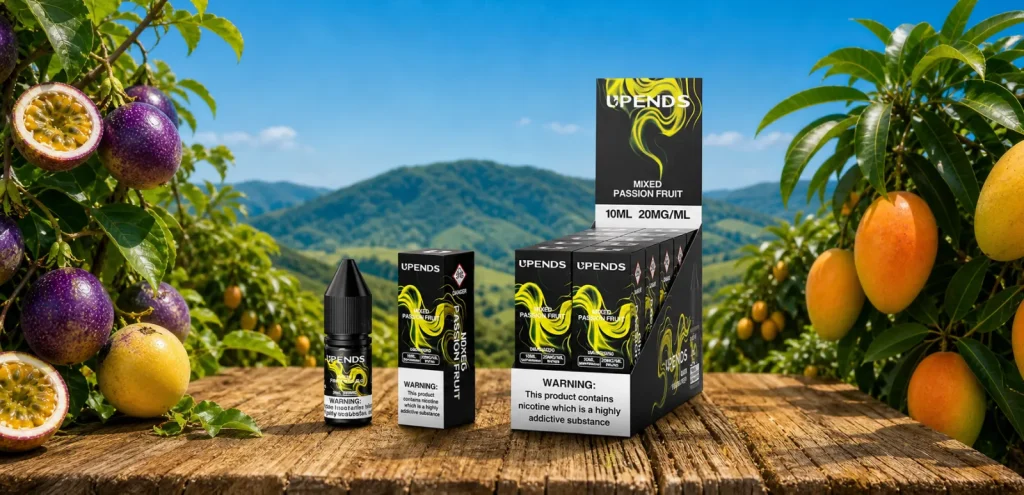 UPENDS Mixed Passion Fruit Nic Salts mit Einzelflasche, Faltschachtel und Verkaufsdisplay im Obstgarten