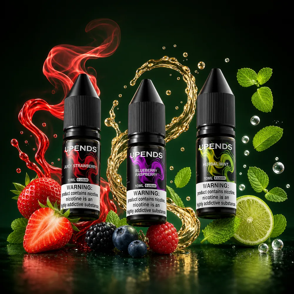 Drei UPENDS Nic-Salts-Flaschen mit Erdbeeraroma, Beerenauszug und frischer Minze