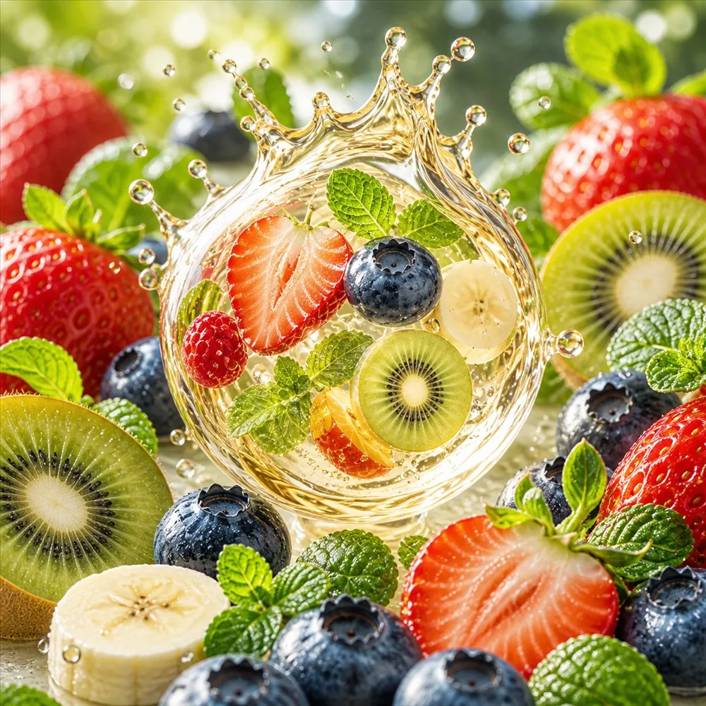 Beeren, Kiwi, Banane und Minze in einem goldenen Flüssigkeitsspritzer