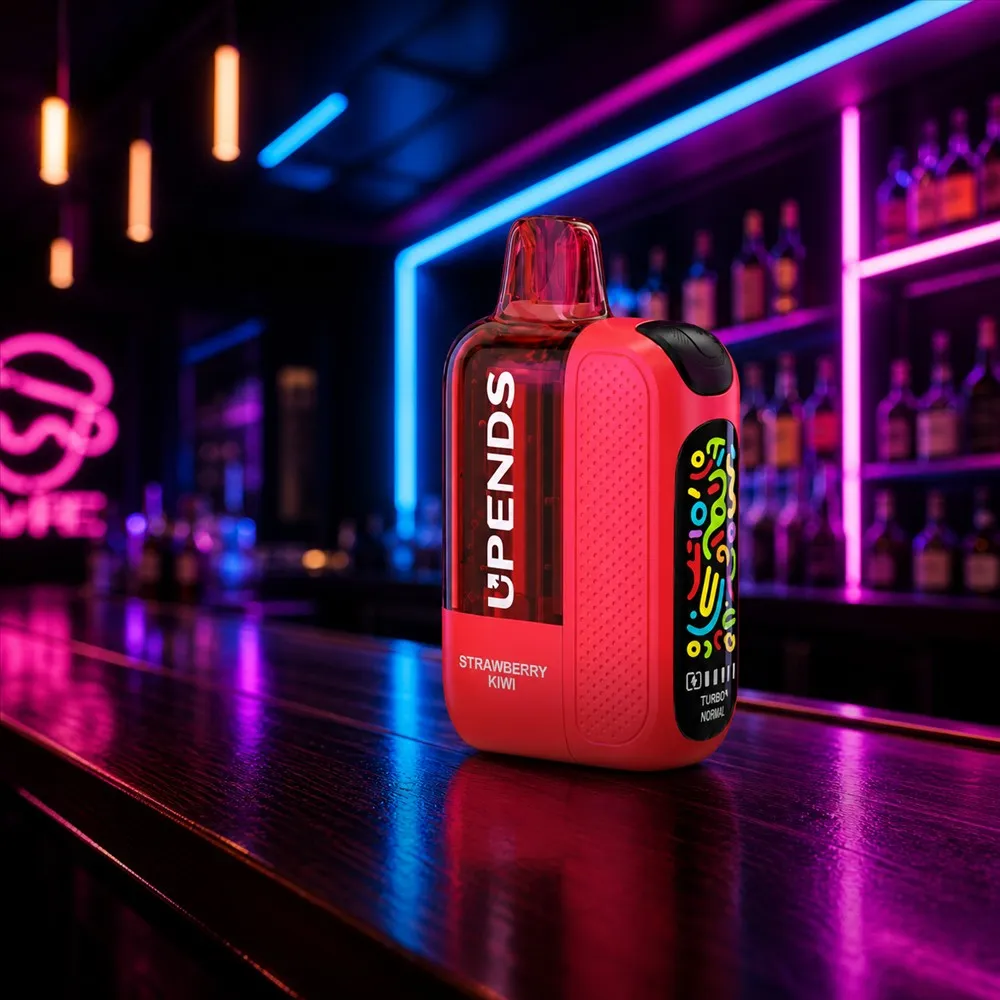 Rotes UP15 Gerät auf einer Bar mit Neonlicht, Sorte Strawberry Kiwi