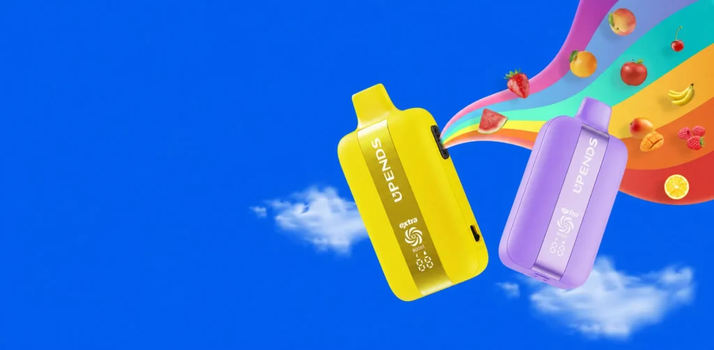 Gelbe und lila UP7 Geräte mit Fruchtband und Wolken