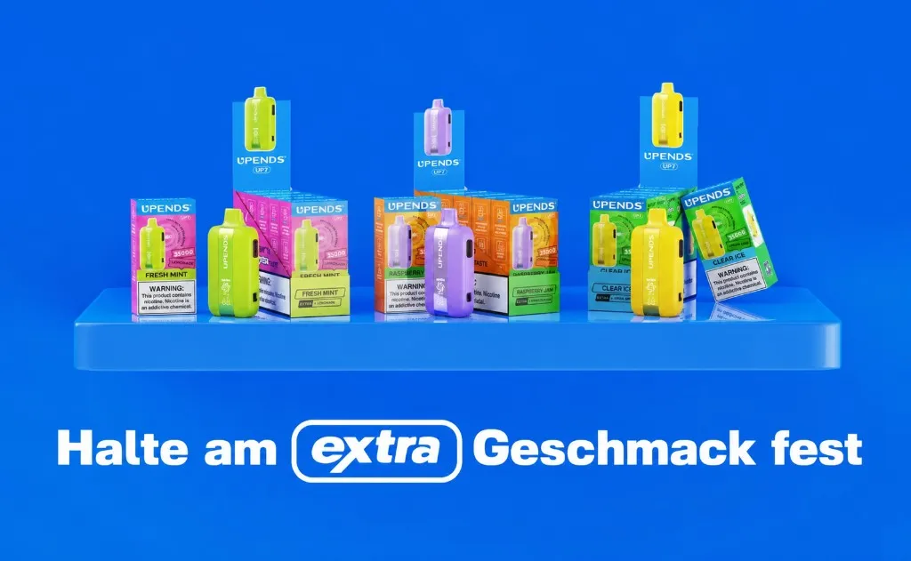 UP7 Geräte und Verkaufsverpackungen mit dem Slogan Halte am extra Geschmack fest