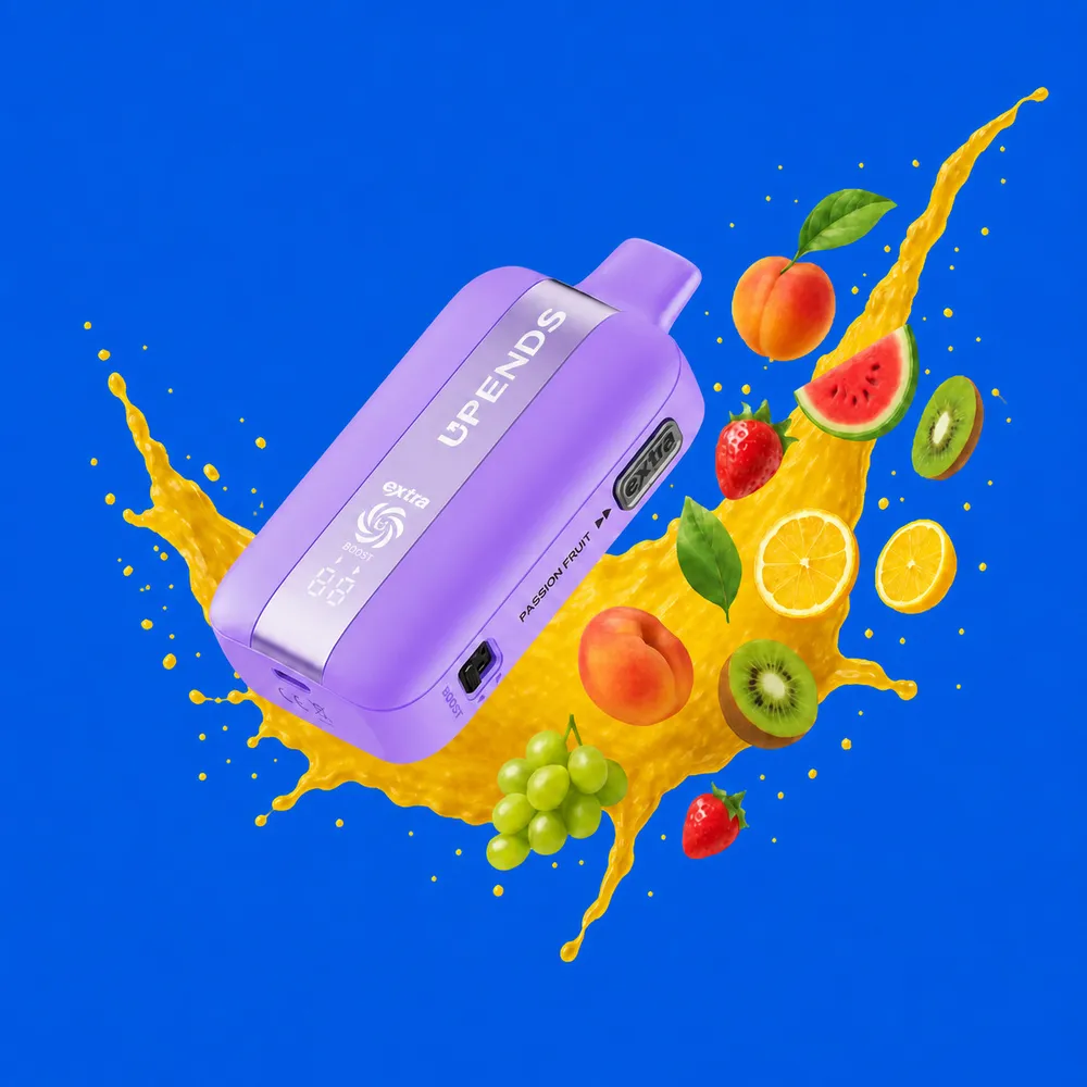 Lila UP7 umgeben von Pfirsich, Wassermelone, Erdbeere, Kiwi, Zitrone und Traube