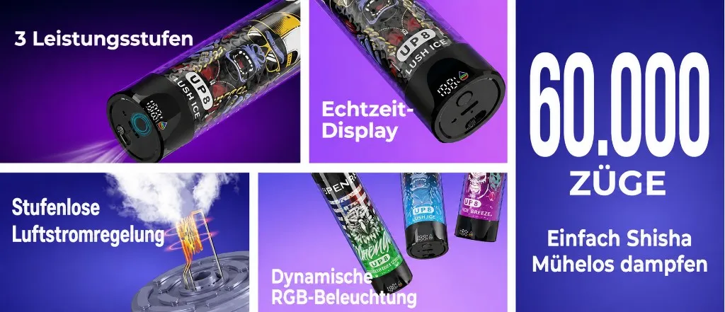 UP8 Überblick: 3 Leistungsstufen, Echtzeit-Display, stufenlose Luftstromregelung, dynamische RGB-Beleuchtung und 60.000 Züge