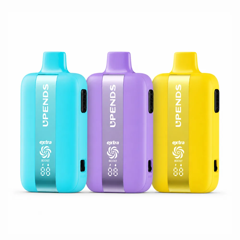 Drei UPENDS Extra-Boost Einweg-Vapes in Cyan, Lila und Gelb mit digitalem Display