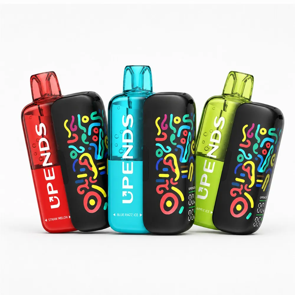 UPENDS Einweg-Vapes Straw Melon, Blue Razz Ice und Apple Ice, jeweils farbig und schwarz gemustert