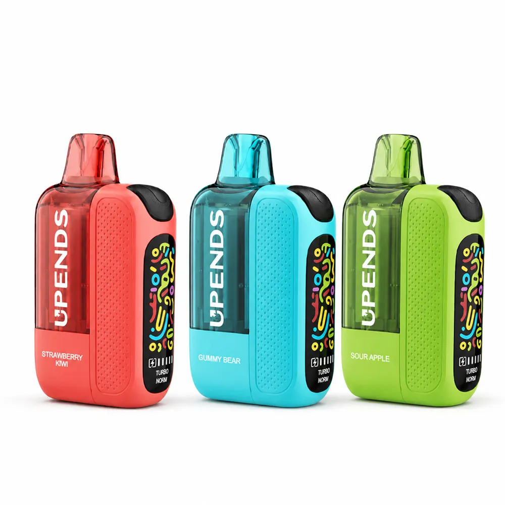 Drei UPENDS Einweg-Vapes in Rot, Blau und Grün: Strawberry Kiwi, Gummy Bear und Apple